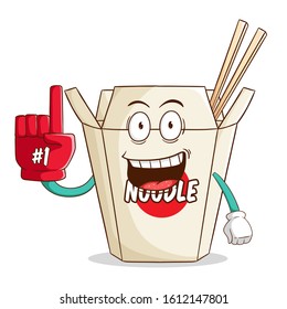 instant cup noodle cartoon character wearing foam finger with funny smile face