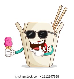 instant cup noodle cartoon character holding melted ice cream with funny cool expression