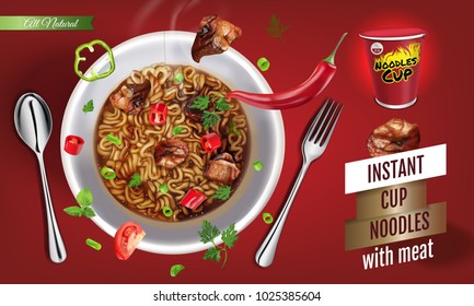 Instant Cup Noodles With Meat. Vector Isolated Illustration Of Chinese And Taiwan Noodle. Japanese Ramen Fast Food. Pasta And Spaghetti Eating. Realistic Cup Of Asian Noodle On Red Background.