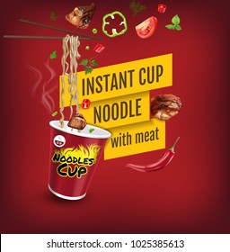 Instant cup noodles with meat. Vector isolated illustration of chinese and taiwan noodle. Japanese ramen fast food. Chopsticks with noodle. Realistic cup of asian noodle on red background.