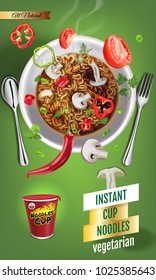 Instant cup noodles with meat. Vector isolated illustration of chinese and taiwan noodle. Japanese ramen fast food. Chopsticks with noodle. Realistic cup of asian noodle on green background.