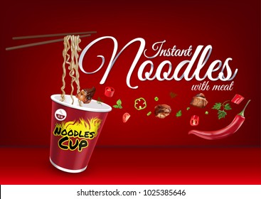 Instant cup noodles with meat. Vector isolated illustration of chinese and taiwan noodle. Japanese ramen fast food. Chopsticks with noodle. Realistic cup of asian noodle on red background.