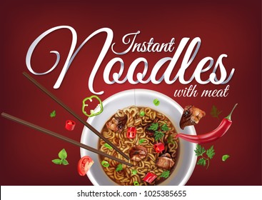 Instant cup noodles with meat. Vector isolated illustration of chinese and taiwan noodle. Japanese ramen fast food. Chopsticks with noodle. Realistic cup of asian noodle on red background.