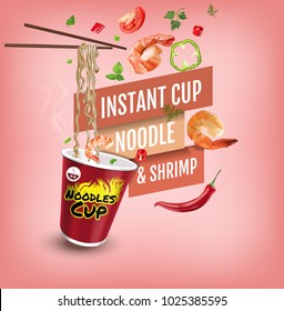 Instant cup noodles with shrimp. Vector isolated illustration of chinese and taiwan noodle. Japanese ramen fast food. Chopsticks with noodle. Realistic cup of asian noodle on pink background.