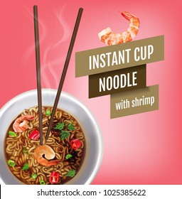 Instant cup noodles with shrimp. Vector isolated illustration of chinese and taiwan noodle. Japanese ramen fast food. Chopsticks with noodle. Realistic cup of asian noodle on pink background.