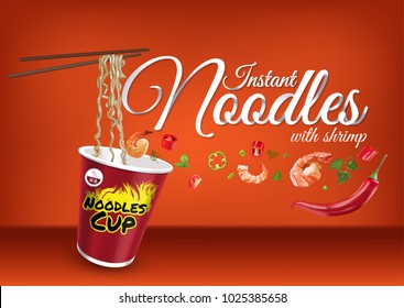 Instant cup noodles with shrimp. Vector isolated illustration of chinese and taiwan noodle. Japanese ramen fast food. Chopsticks with noodle. Realistic cup of asian noodle on orange background.