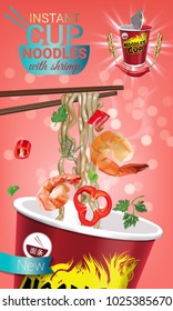 Instant cup noodles with shrimp. Vector isolated illustration of chinese and taiwan noodle. Japanese ramen fast food. Chopsticks with noodle. Realistic cup of asian noodle on pink bokeh background.