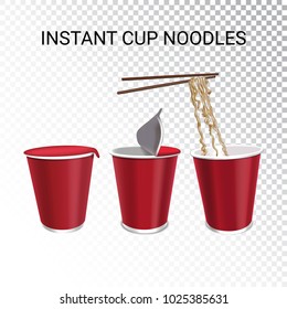 Instant cup noodles. Vector isolated illustration of chinese and taiwan noodle. Japanese ramen fast food. Chopsticks with noodle. Realistic cup of asian noodle on transparent background.