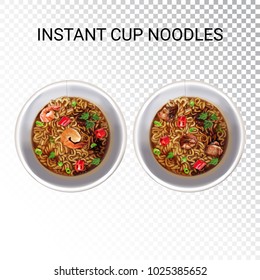 Instant cup noodles. Vector isolated illustration of chinese, korean and taiwan noodle. Japanese ramen fast food with shrimp and meat. Realistic cup of asian noodle on transparent background.