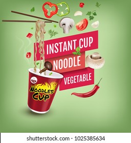 Instant cup noodles vegetable. Vector isolated illustration of chinese and taiwan noodle. Japanese ramen fast food. Chopsticks with noodle. Realistic cup of asian noodle on green background.