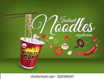 Instant cup noodles vegetarian. Vector isolated illustration of chinese and taiwan noodle. Japanese ramen fast food. Chopsticks with noodle. Realistic cup of asian noodle on green background.