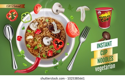 Instant Cup Noodles Vegetarian. Vector Isolated Illustration Of Chinese And Taiwan Noodle. Japanese Ramen Fast Food. Pasta And Spaghetti Eating. Realistic Cup Of Asian Noodle On Green Background.