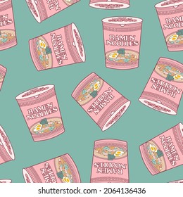 Instant cup ramen noodles aesthetic pink seamless pattern design