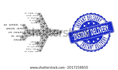 Instant Delivery dirty round stamp and vector recursive mosaic airplane. Blue stamp seal includes Instant Delivery tag inside round shape. Vector mosaic is composed from scattered airplane icons.