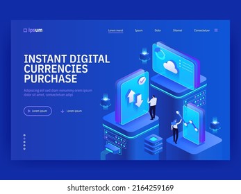 Instant digital currencies purchase isometric vector image on blue background. Cryptocurrency stock market. Online financial operations. Web banner with space for text. Composition with 3d components