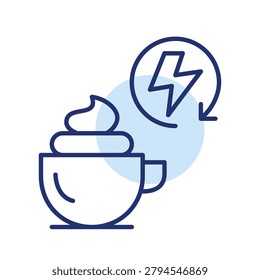 Instant energy boost, rapid beverage delivery, dynamic cafe experience. Capuccino and lightning bolt in renew arrow. Pixel perfect, editable stroke vector icon