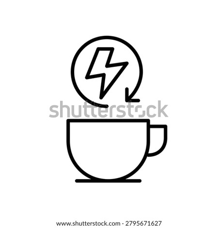 Instant energy boost, rapid beverage delivery, dynamic cafe experience. Coffee cup and lightning bolt in renew arrow. Pixel perfect, editable stroke vector icon