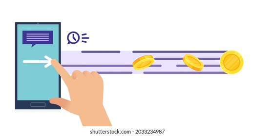 Instant, fast money transfer. Human hands holding smartphone safe and easy payment app, sending gold coins, online purchase, financial or banking vector cartoon isolated concept