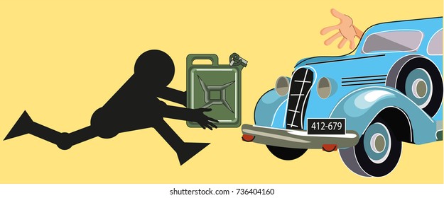 Instant Gasoline Refueling. The Man with the Fuel Canister Runs to the Car. Vector illustration