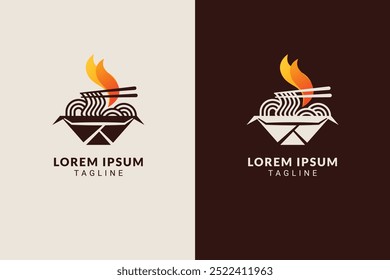 Ramen caliente instantáneo con palillos y llamas concepto de logotipo. Plantilla del logotipo del Vector para las compañías de la marca en comida asiática, mercado, restaurante, ramen, entrega