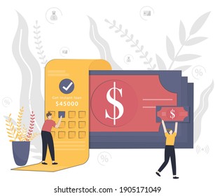 Instant loan vector illustration concept with people working. Online credit, tax payment concept, when tiny people filling get the bill. Flat design