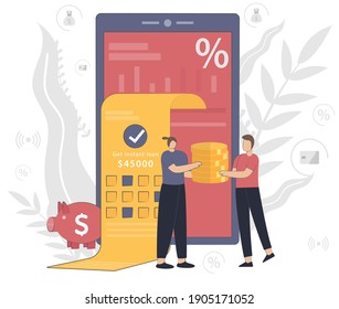 Instant loan vector illustration concept with people working. Online credit, tax payment concept, when tiny people filling get the bill. Flat design