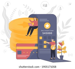 Instant loan vector illustration concept with people working. Online credit, tax payment concept, when tiny people filling get the bill. Flat design
