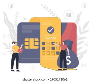 Concepto de ilustración vectorial de préstamos instantáneos con personas trabajando. Crédito en línea, concepto de pago de impuestos, cuando las pequeñas personas que cubren la factura reciben la factura. Diseño plano