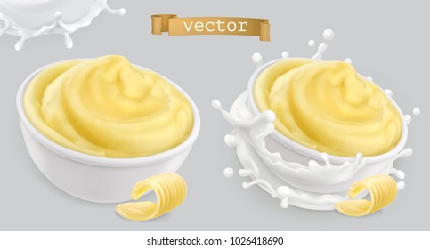 Instant mashed potatoes, with butter and milk. 3d vector icon set