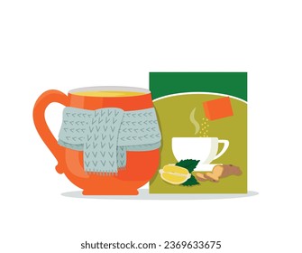 Instant medicine for colds, flu, rhinitis, cough. A cup with a hot medicinal drink. Vector illustration.
