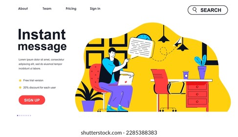 Instant message concept for landing page template. Man writes text and sends his letter. Online communication technology people scene. Vector illustration with flat character design for web banner