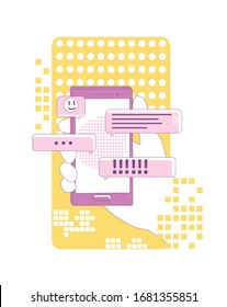 Ilustración vectorial de concepto de marketing de mensajería instantánea. Usuario con personaje de caricatura 2D en smartphone para diseño web. Comunicación en medios sociales, chat en línea publicidad idea creativa