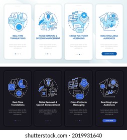 Instant messaging onboarding mobile app page screen. Online chat walkthrough 4 steps graphic instructions with concepts. UI, UX, GUI vector template with linear night and day mode illustrations