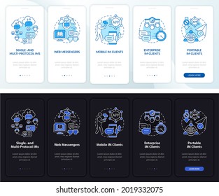 Instant Messaging Service Onboarding Mobile App Page Screen. Messenger Walkthrough 5 Steps Graphic Instructions With Concepts. UI, UX, GUI Vector Template With Linear Night And Day Mode Illustrations