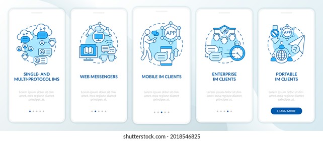 Instant Messaging Software Types Blue Onboarding Mobile App Page Screen. Messenger Walkthrough 5 Steps Graphic Instructions With Concepts. UI, UX, GUI Vector Template With Linear Color Illustrations