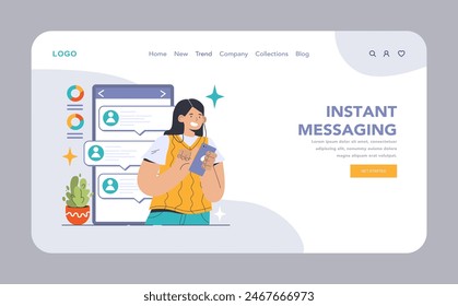 Instant Messaging web or landing. Woman swiftly communicates with peers through a digital chat platform, embracing quick online interactions. Seamless mobile connection. Flat vector illustration