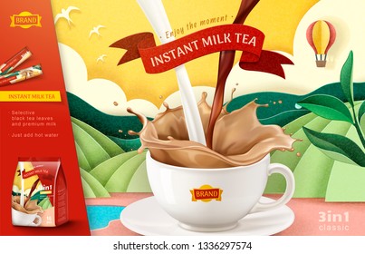 Instant Milk Tea Ads On Paper Art Terraced Field Background, 3d Illustration
