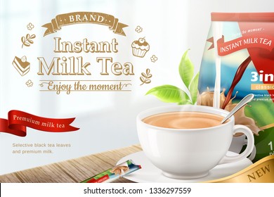 Instant milk tea on wooden table background in 3d illustration