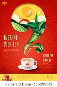 Instant Milk Tea Poster Ads With Paper Art Terraced Field Background, 3d Illustration