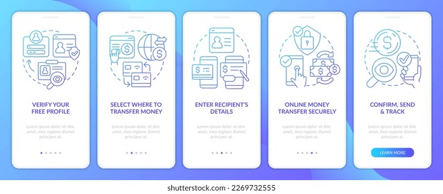 Instant money transfer blue gradient onboarding mobile app screen. Net wallet walkthrough 5 steps graphic instructions with linear concepts. UI, UX, GUI template. Myriad Pro-Bold, Regular fonts used