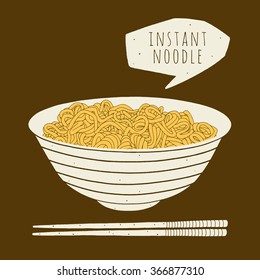 Instant noodle in the bowl. Hand drawn vector illustration