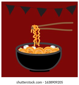 instant noodle in the bowl on the red background