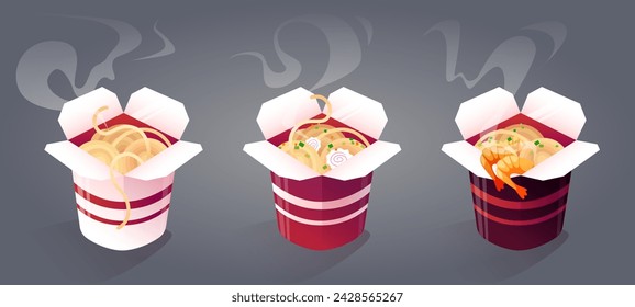 Instant noodle boxes isolated on background. Vector cartoon illustration of traditional asian fast food bowls with fresh cooked hot ramen, spicy shrimps and onions, restaurant menu design elements