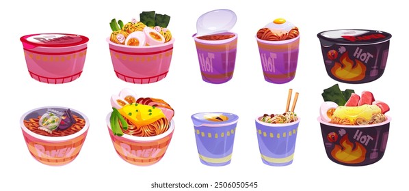 Instant noodle in closed and open paper cup, raw and ready to eat with spices and eggs, chicken or beef meat pieces, vegetables. Cartoon vector set of oriental traditional ramen meal package.