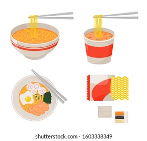 instant noodle collection set ramen, cup noodle and a bowl of noodle in flat design