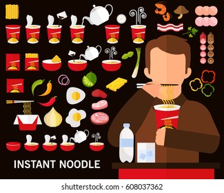 Instant noodle concept background. Flat icons. 