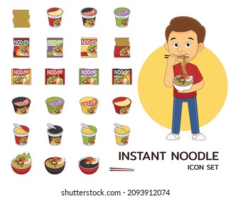 Instant noodle concept flat icons.
