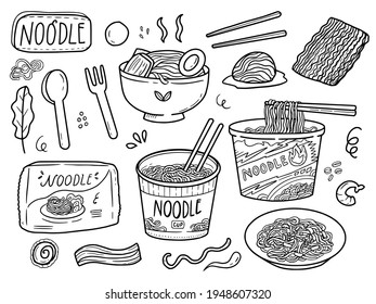 Instant noodle cup drawing sketches line art collection vector