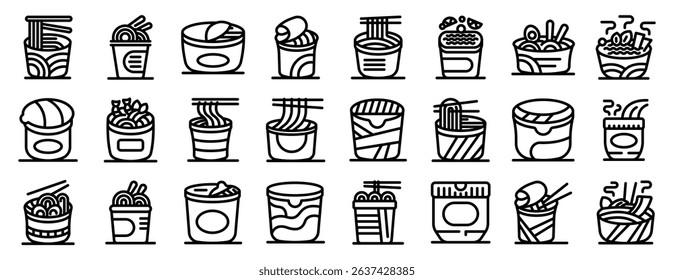 Instant noodle cup icons set. Diverse set of noodle dishes presented in bowls, cups, and containers, showcasing variations of ramen, udon, and instant noodles