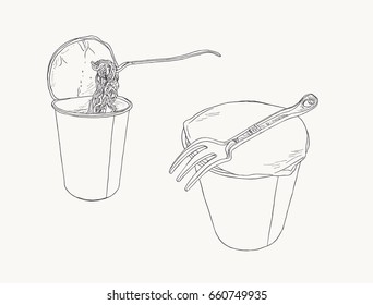 Instant noodle in cup, sketch vector set.